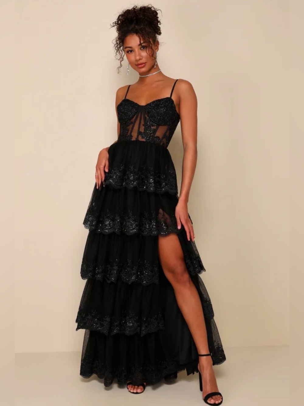 Lulu's Black Tiered Lace Prom Dress with Sheer Corset Bodice